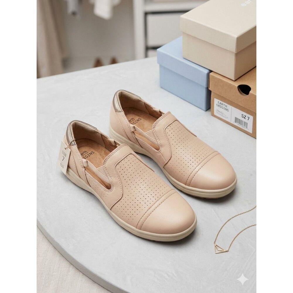 Earth Origins Eclipse Elin Leather Laser Cut Slip On Sneakers - Macadamia Sz 7